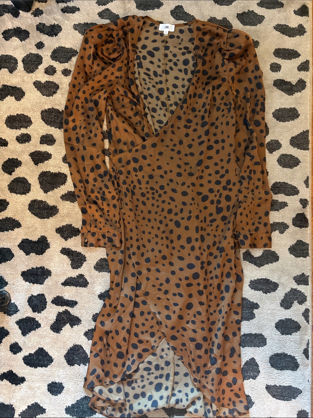 LPA Brown & Black Polka Dot Wrap Midi Dress